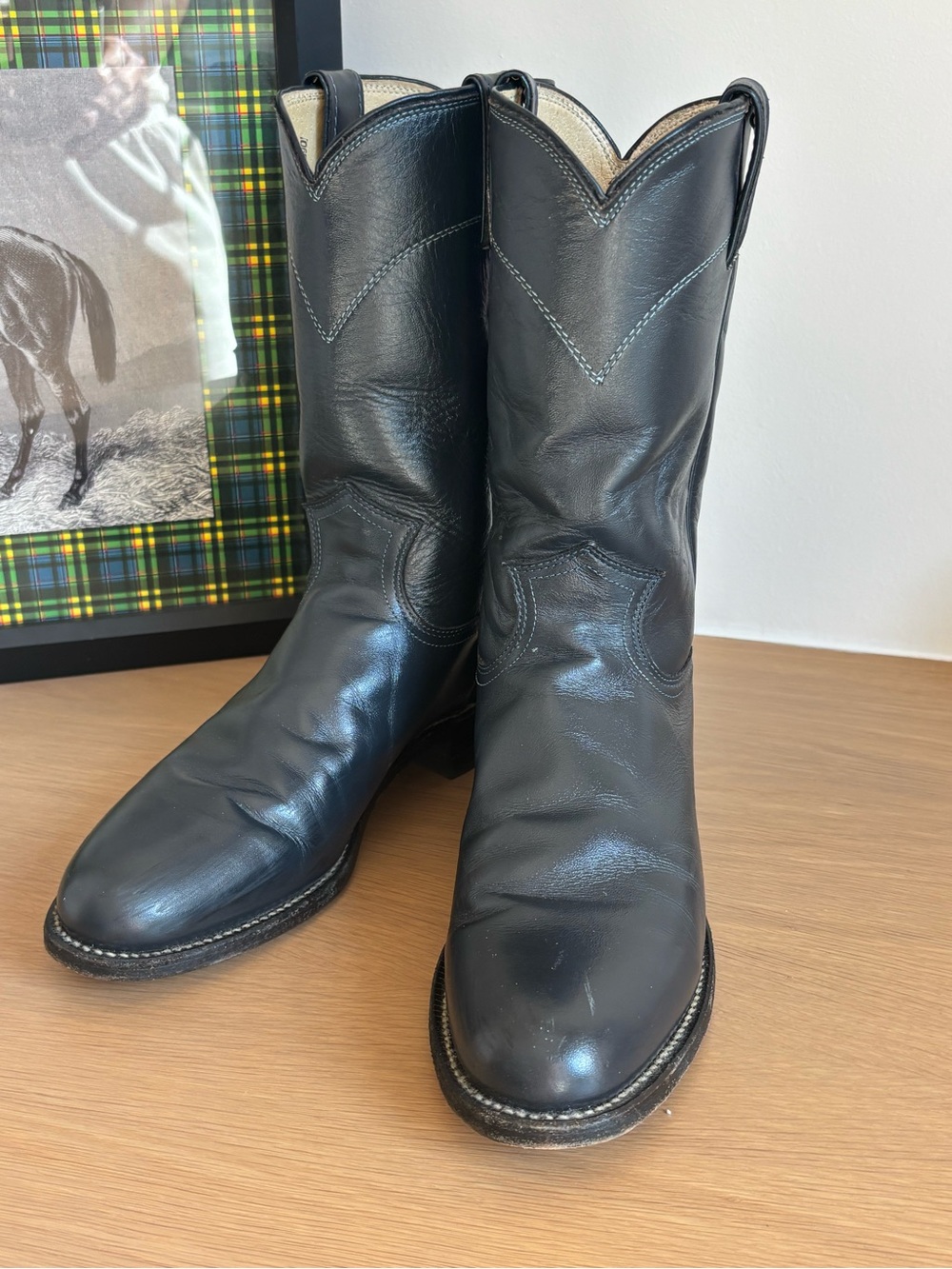 Justin Boots Navy Leather Pull-On Western Boots. JACKSON 10" ROPER - Picture 3 of 8